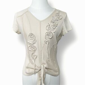 4/$20 Vintage KOOS Lagenlook Art Wear Beige Ribbed Cotton Tie Front Top Blouse S